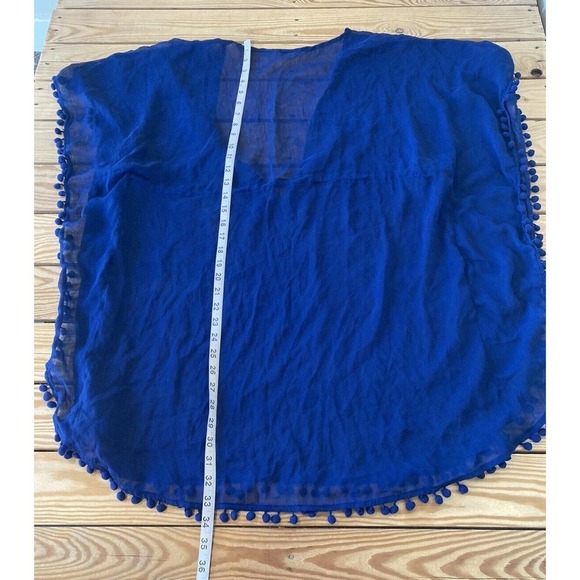 Rod Beattie Bleu Pom Pom Trim Sheer Cover Up Dress Top Size Medium Women’s Blue - Picture 5 of 6